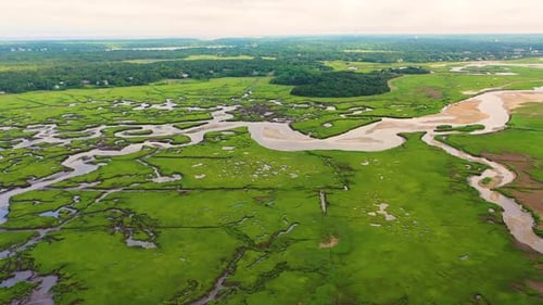 Expansive Marsh System with Tidal Waterways, Reflective Pools, and Grassy Wetlands