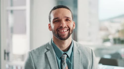 Happy, face and business man in office with confidence for company growth