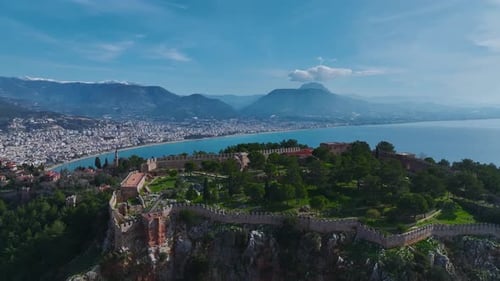 Aerial Video Sunset at Alanya Fortress with Golden Light Reflecting on the Mediterranean Sea
