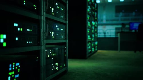 Network Server Room with Servers Running Processes