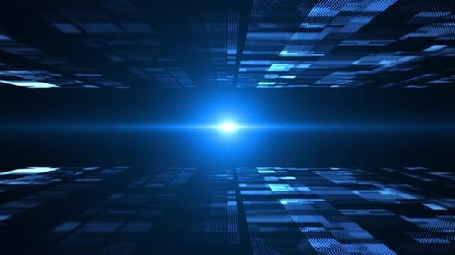 Futuristic Digital Grid Tunnel with Blue Light Abstract Background