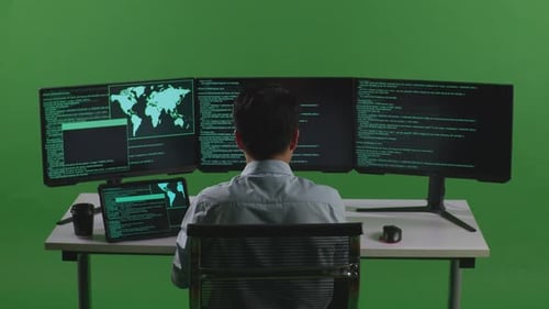 Asian Man Working With Tablet While Write Code With Multiple Computer Screens In Green Screen