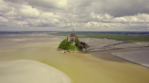 Aerial view of mont saint michel at low tide, France.