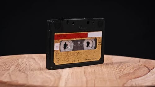 Close Up of Audio Cassette Tape on Wood Surface