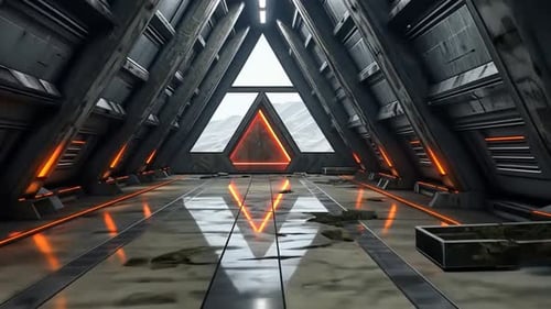 Futuristic interior corridor with glowing triangular window
