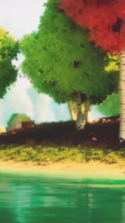 Colorful Cartoon Forest at Sunset