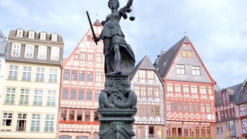 Justice fountain square statue and buildings in Frankfurt, Germany