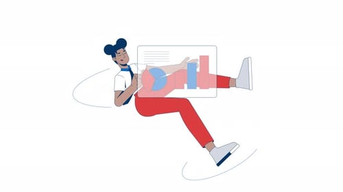 Flat Design Animated Person Interacting with Data Charts