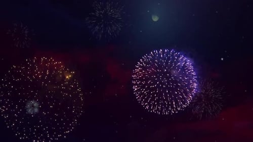 Real Fireworks Explosion on Smoke Foggy Black Motion Background Loop Sky on Fireworks Explosion