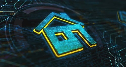 Animated 3D Smart House Icon on Digital Circuit Board