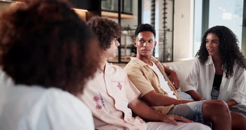 Bonding, chat and reunion with friends on sofa in coffee shop for advice or catchup