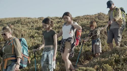 Family Hiking Together on Grassy Hillside