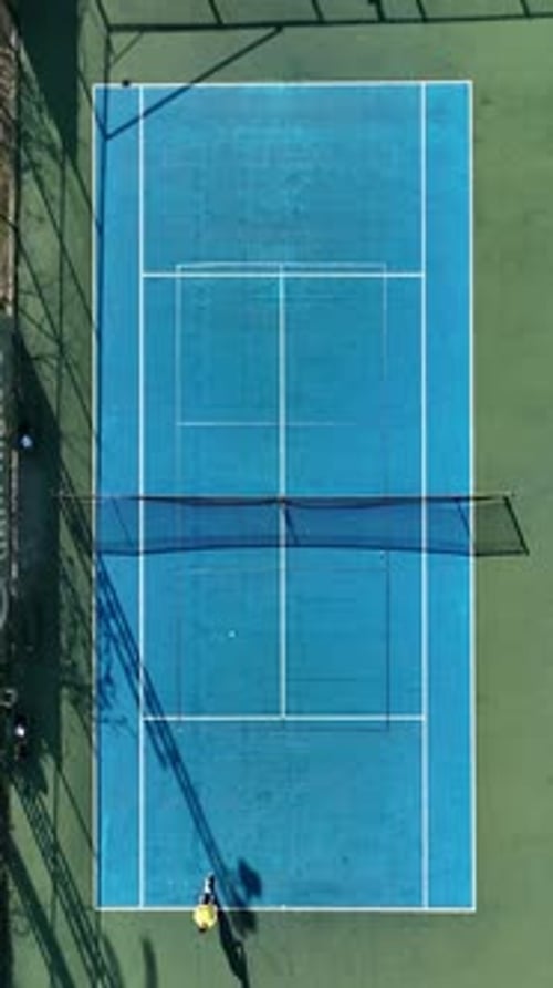 Vertical Video Palm Paradise Aerial Perspective of Tennis Action on the Court