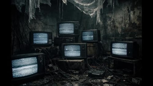 Propagandaraum mit funkelnden Fernsehern