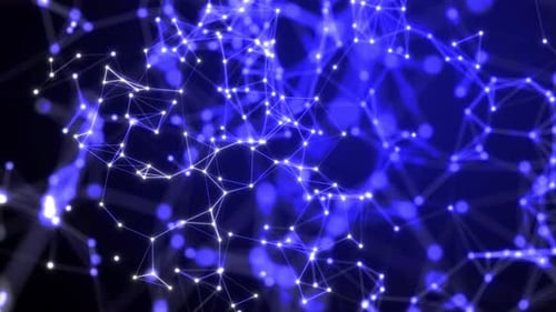 Futuristic abstract blue glowing plexus dots with radiant magical energy lines on a black background