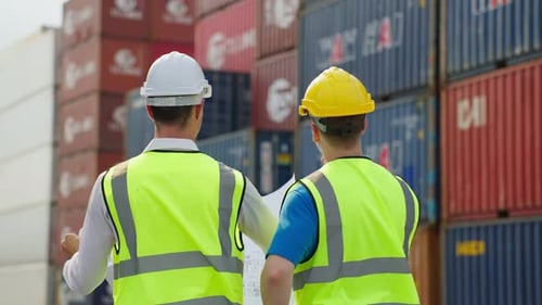 Zwei kaukasische Geschäftsleute arbeiten im Containerhafenterminal.