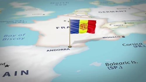 Andorra National Flag Pin Waving on Detailed European Map Animation