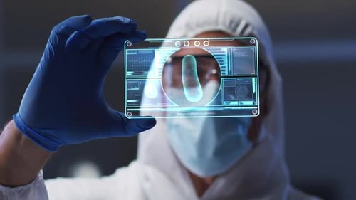 Animation of scientist holding interactive screen with medical data processing