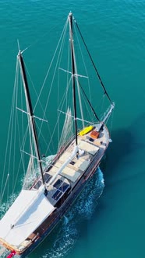 Vertical top down view of gulet yacht at sea