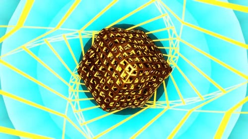 goldener Würfel auf blaugelbem Tunel-VJ-Loop-Hintergrund