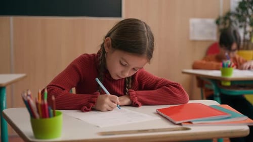 Caucasian Clever Happy Little Girl School Test Study Task Exam Writing Notes Class Lesson Learn