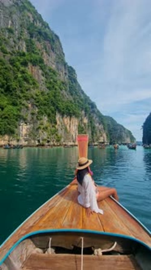 Longtail Boats at Pileh Lagoon Koh Phi Phi Maya Bay Thailand the Turquoise Colored Ocean