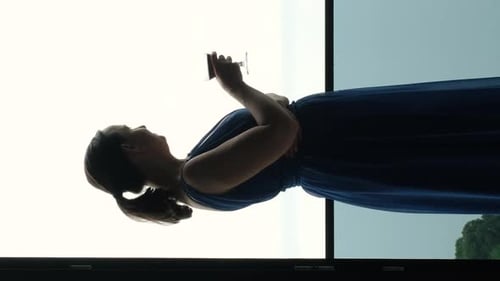 Woman Sipping Wine by Window in Blue Dress
