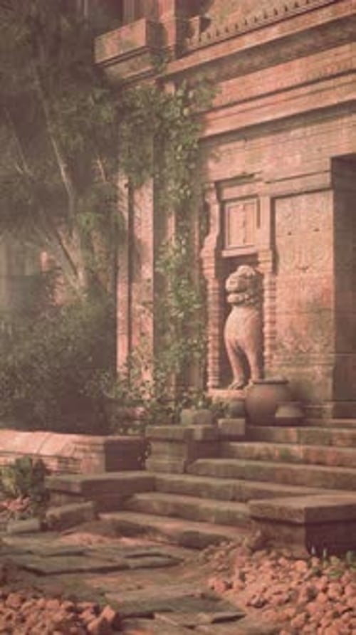 Ancient Stone Building With Statue on Steps