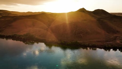 Drone Shot of River Ili and Spring Steppe in Kazakhstan