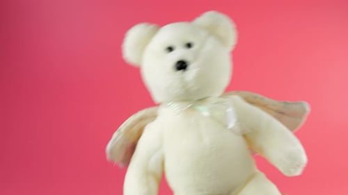 Fluffy Teddy Bear with Angel Wings Against Pink