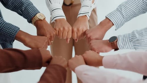 Corporate, group or hands of people with fist bump for team building, office community