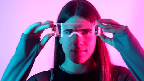 Androgynous Person Experimenting in the Metaverse Using Augmented Reality Goggles