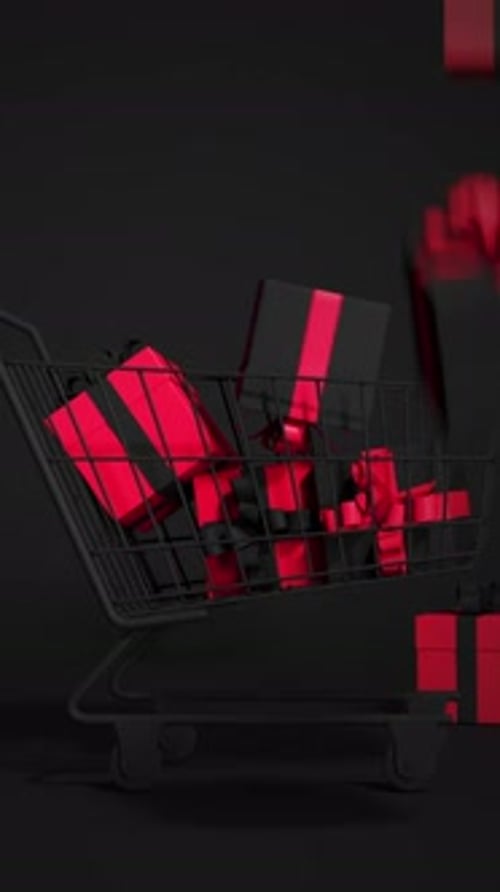 Animated Vertical Shopping Cart with Falling Red Gift Boxes