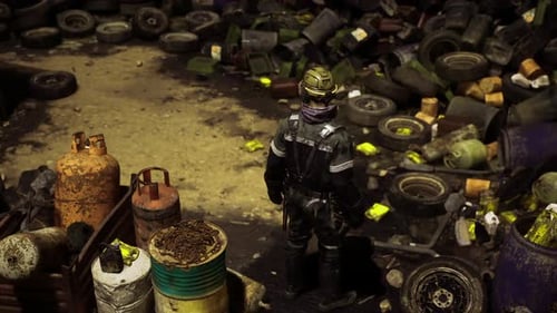 Futuristic Survivor Stands in Grungy Post-Apocalyptic Industrial Wasteland