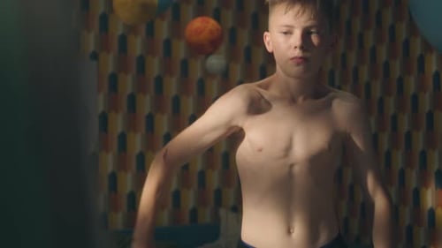 Young Boy Checks His Abs After Workout Member of School Sport Team Muscular Body