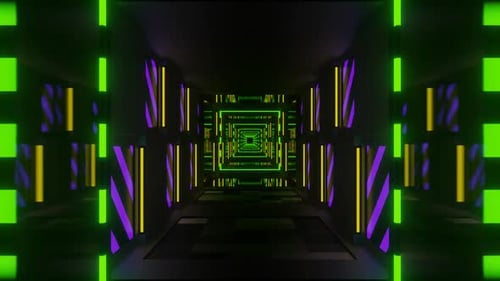 Green And Yellow And Purple Blazing Neon Light Mirror Tunnel Background Vj Loop In HD