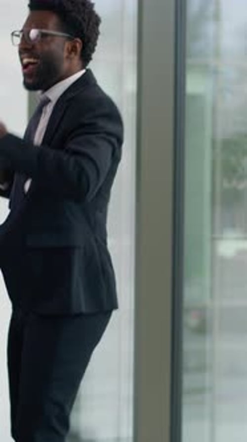 Business in Office Happy Winner African American Businessman Man Male Employer Entrepreneur Typing