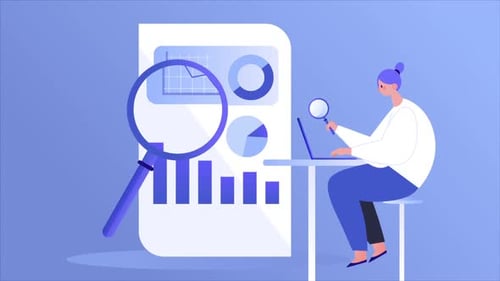 Eine Geschäftsfrau analysiert die Finanzdiagramme auf ihrem Laptop mit einer Lupe