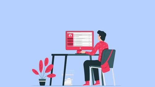 Animated Flat Design Person Working on Computer at Desk