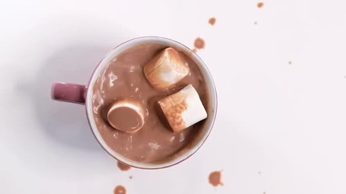 Hot Chocolate with Marshmallow Falling Marshmallows in a Cup of Hot Beverage Closeup Concept of