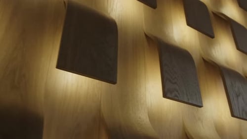 Abstract Wooden Wall Geometric Pattern with Subtle Backlighting
