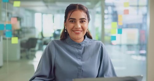 Happy woman, face and laptop with schedule for planning, creative brainstorming