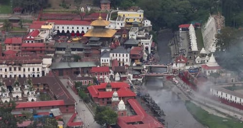 Pashupatinath Temple Kathmandu Nepal, UNESCO World Heritage Site Hindu Temple, Drone shot shows smok