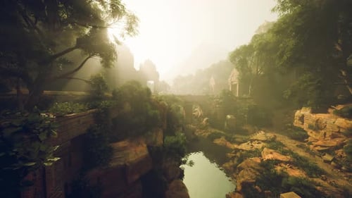 Hidden Valley Featuring Tranquil Water and Mossy Stone Remnants