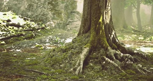 Majestic Tree Roots Thrive in Serene Forest Setting During Daylight Hours