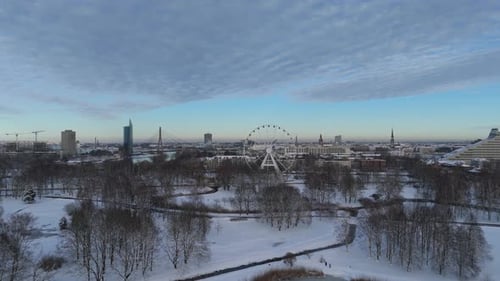 Latvia, Riga Winter Aerial View of City Skyline, Ferris Wheel, Riga Castle, Old Town Daugava River