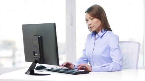 Business Office School and Education Concept - Busy Businesswoman with Computer In