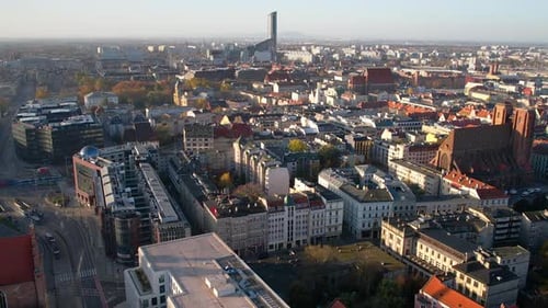 Late Afternoon View Of Wroclaw Cityscape During Early Sunset. Dolly Forward