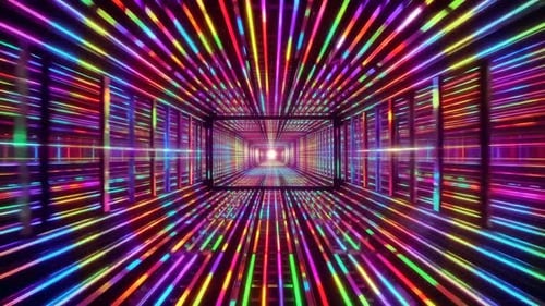 Tunnel au néon abstrait avec des traînées lumineuses arc-en-ciel se déplaçant vers l'avant