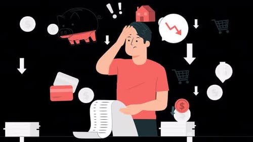 man worried about paying bills in an economic crisis 4k animation with alpha channel